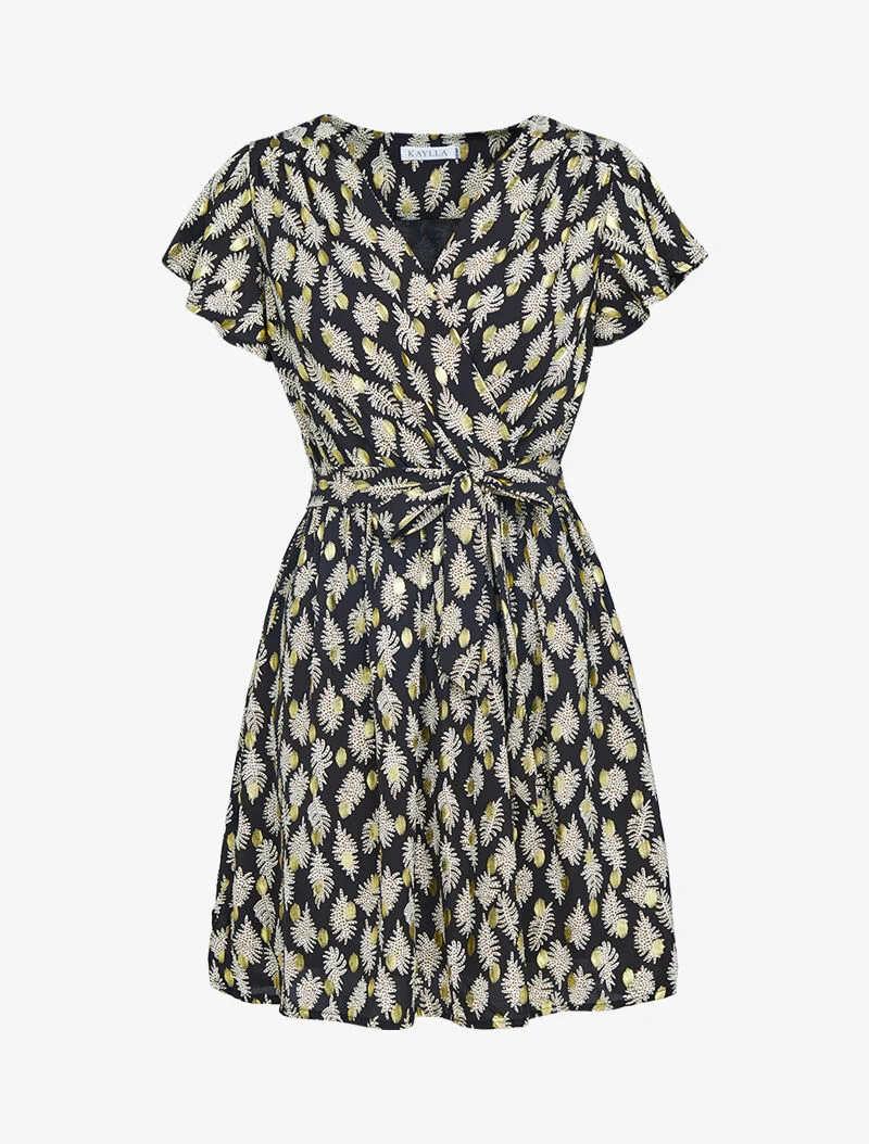 Robe à imprimé feuilles graphiques et détails irisés - noir