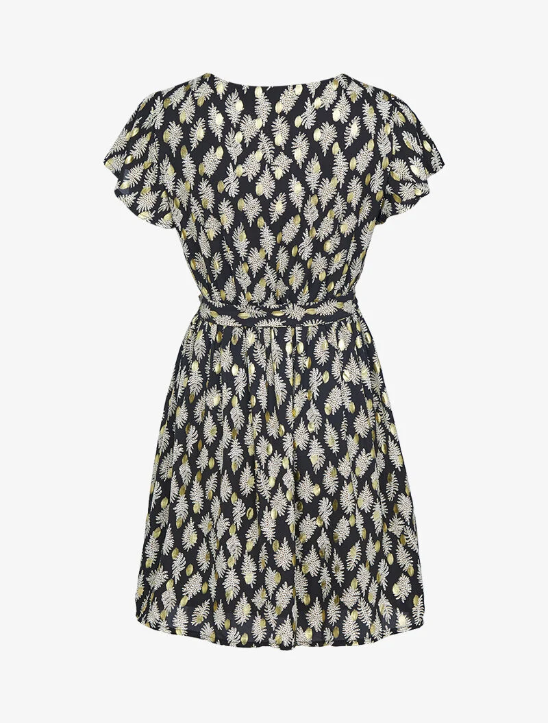 Robe à imprimé feuilles graphiques et détails irisés - noir