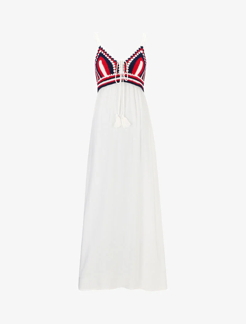 Robe longue à buste multicolore en crochet - ecru