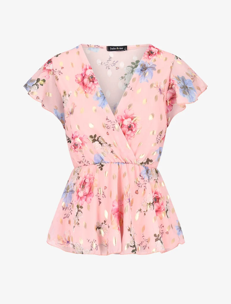 Top péplum cache coeur à fleurs et flocage - rose