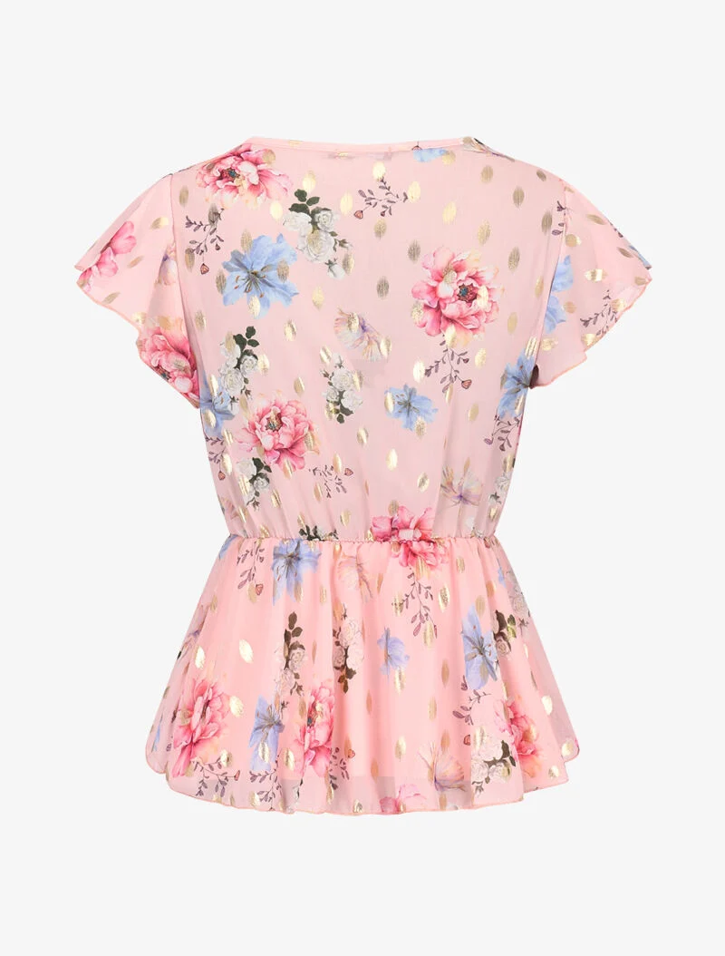 Top péplum cache coeur à fleurs et flocage - rose
