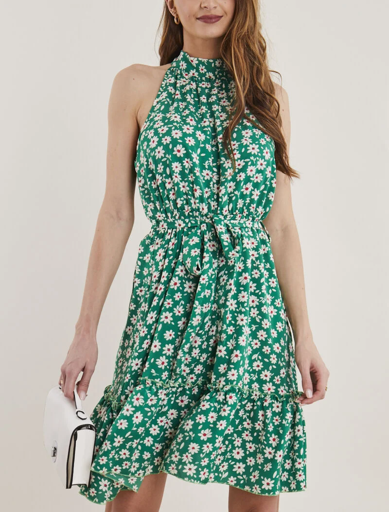 Robe à col américain imprimé marguerites - vert
