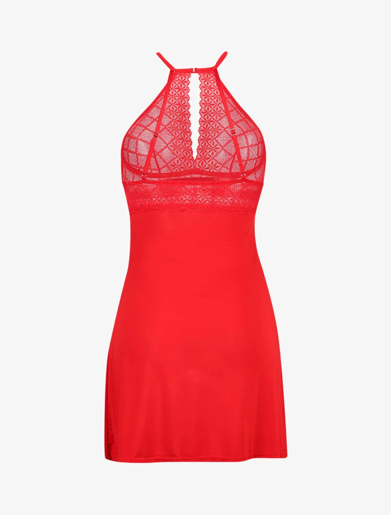 Nuisette à col américain en dentelle ajourée - rouge