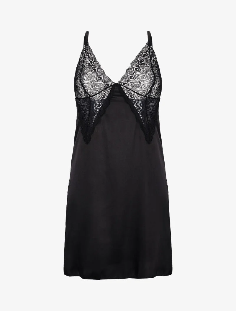 Nuisette à poitrine en losange dentelle ajourée - noir