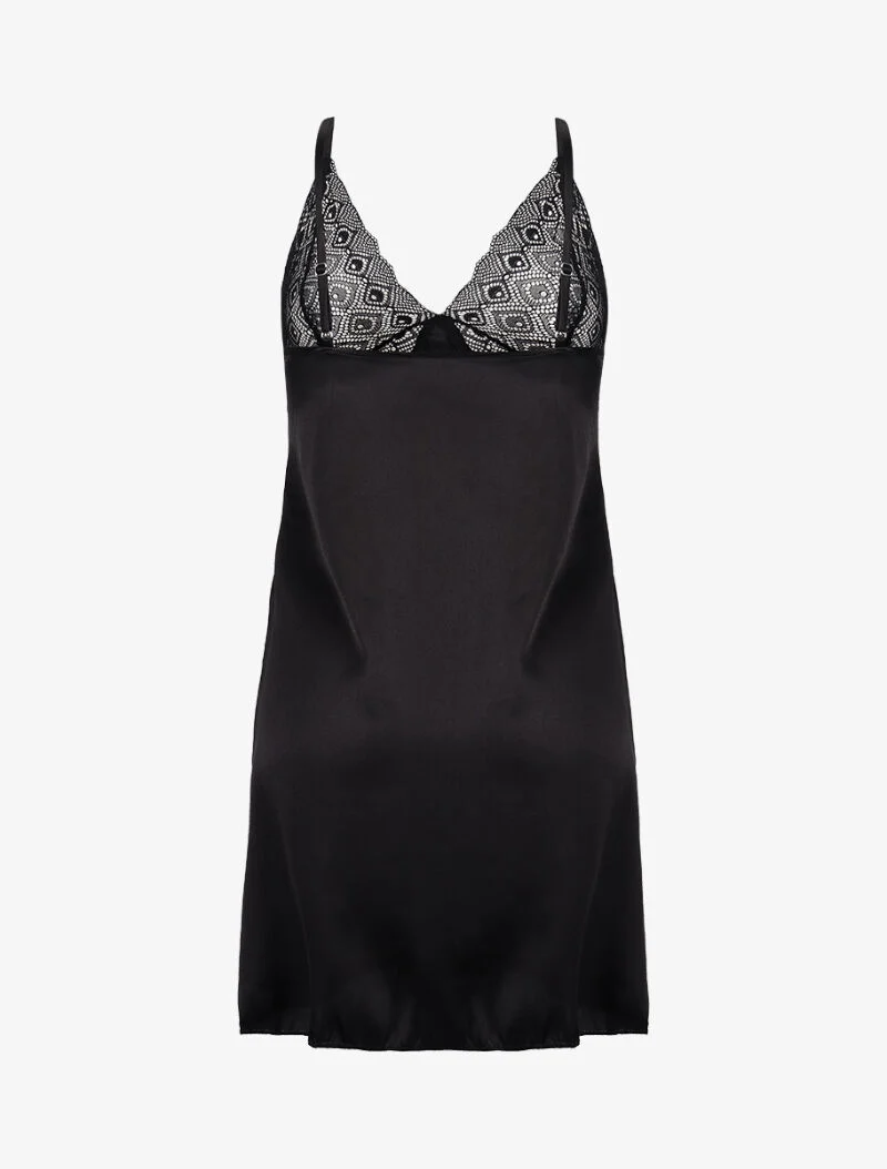 Nuisette à poitrine en losange dentelle ajourée - noir