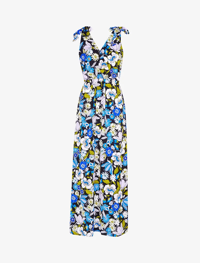 Robe longue imprimé à épaules à nouer - noir
