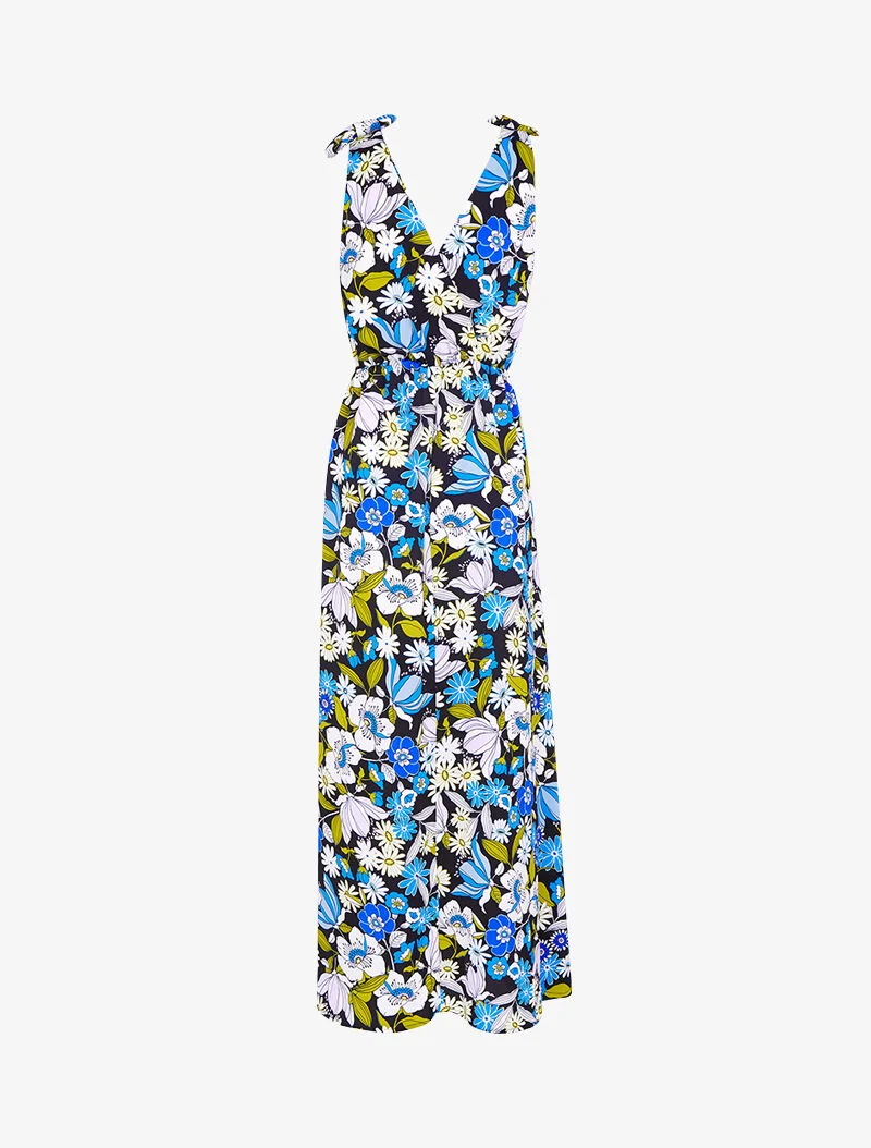Robe longue imprimé à épaules à nouer - noir