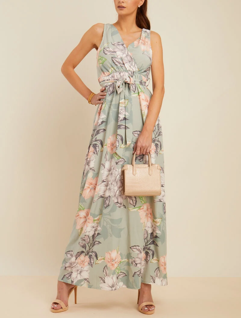 Robe longue à décolleté et dos cache coeur - vert d'eau