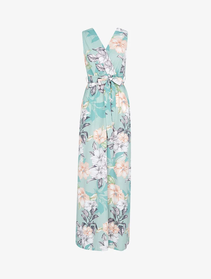 Robe longue à décolleté et dos cache coeur - vert d'eau