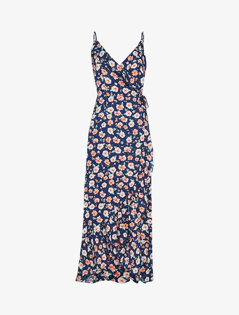 Robe portefeuille longue à imprimé champêtre - marine