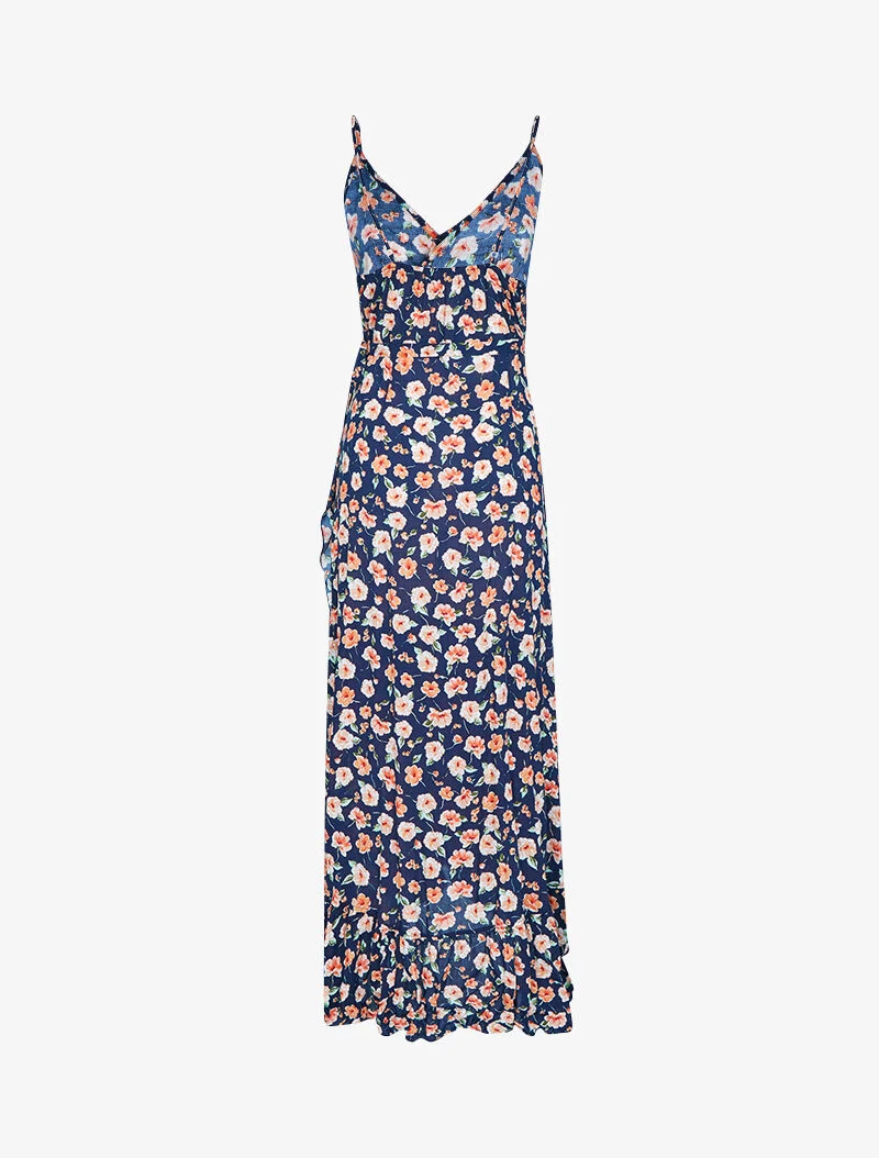 Robe portefeuille longue à imprimé champêtre - marine