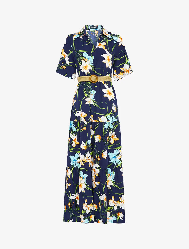 Robe longue à basques imprimé grandes fleurs - marine