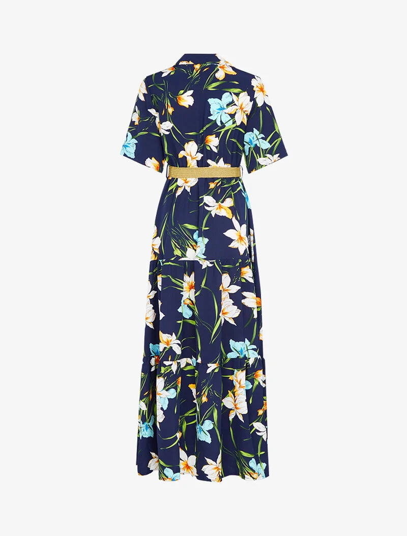 Robe longue à basques imprimé grandes fleurs - marine