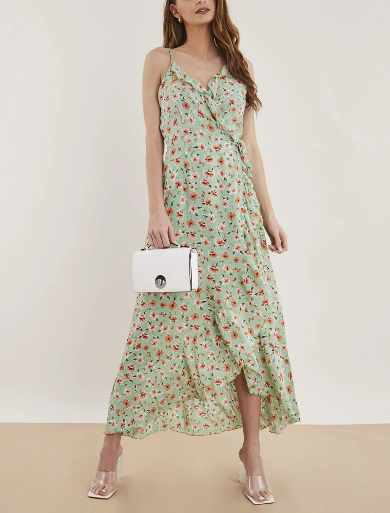 Robe portefeuille longue à imprimé champêtre - vert amande
