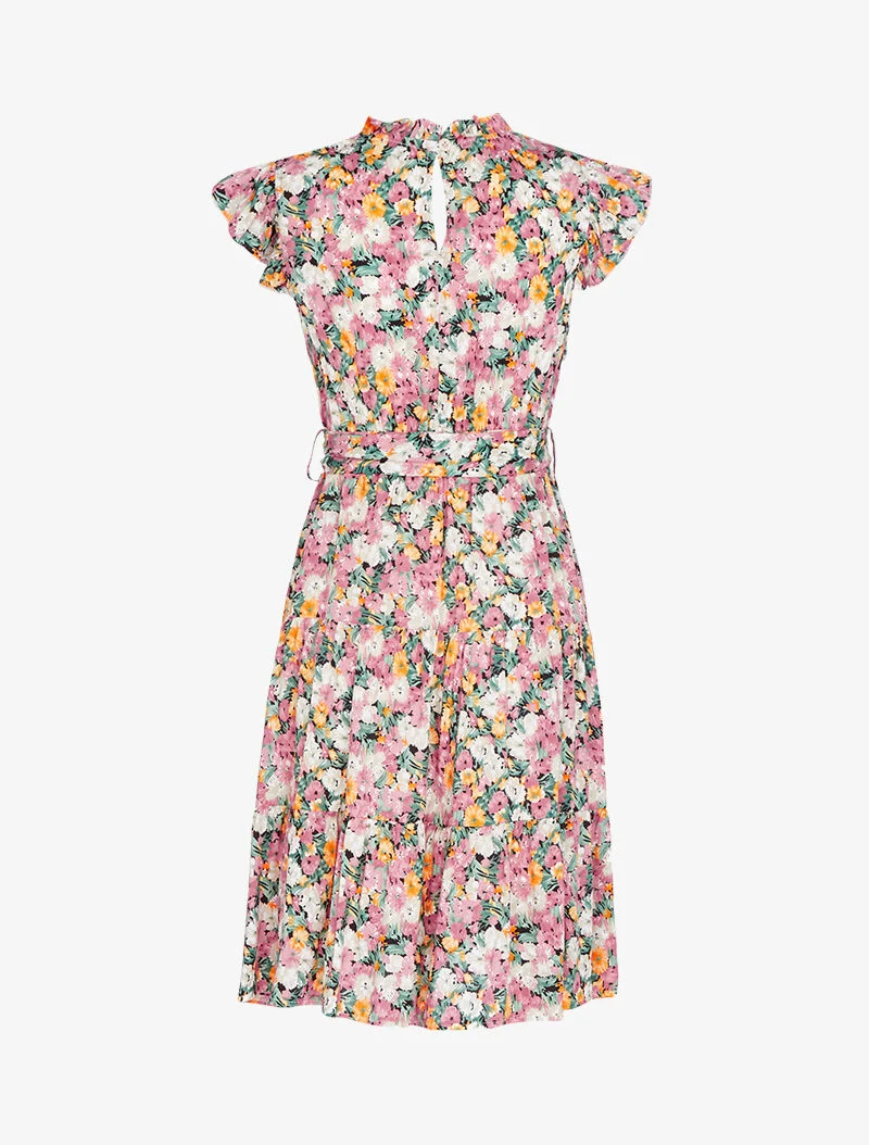 Robe fleurie à col montant volanté - rose