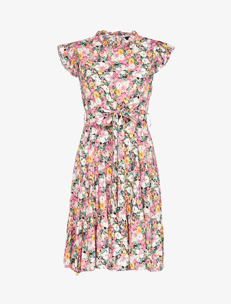 Robe fleurie à col montant volanté - rose