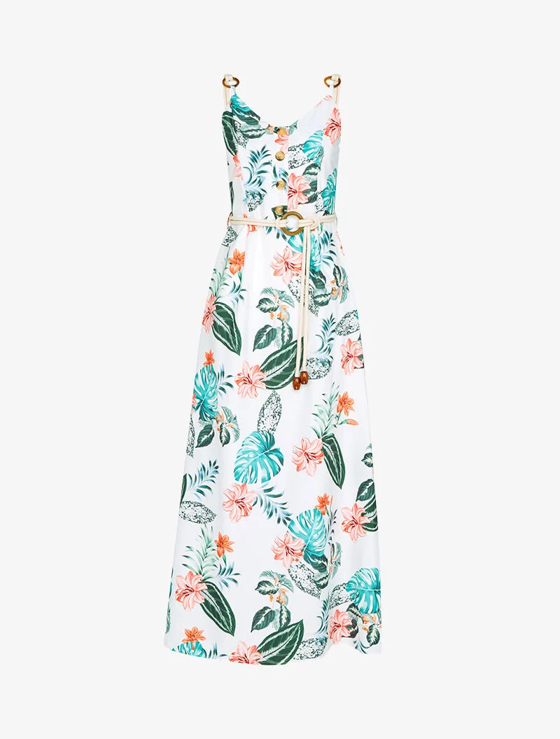 Robe longue imprimée à bretelles en cordelettes - ecru