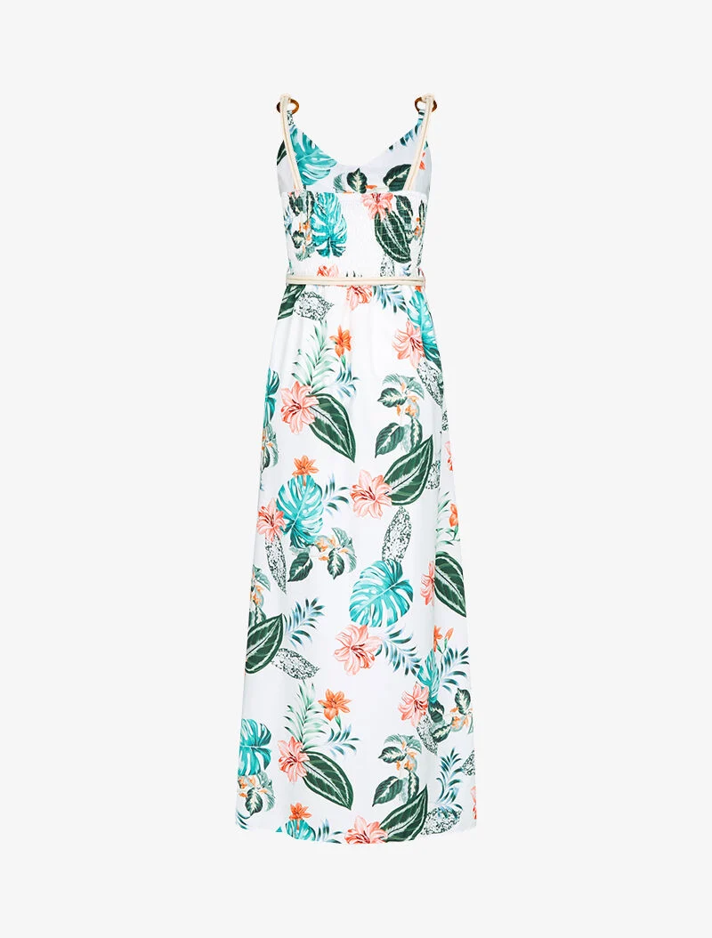Robe longue imprimée à bretelles en cordelettes - ecru