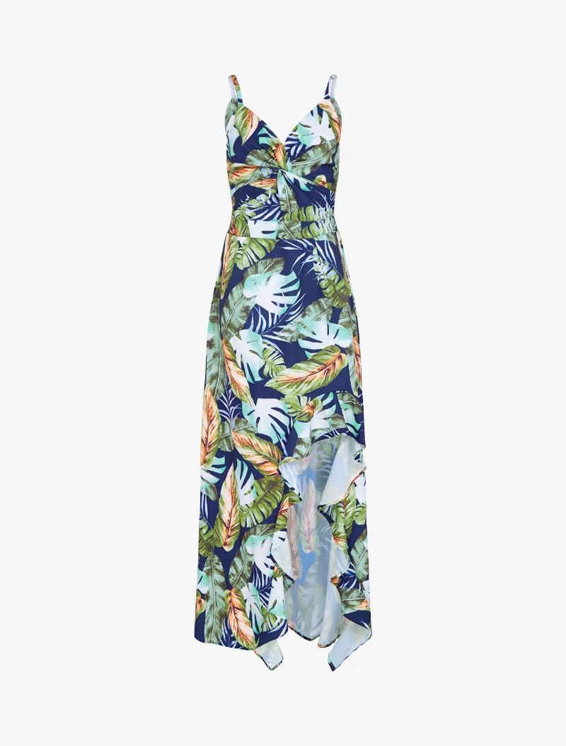 Robe longue imprimé estivale à côté fendu - marine