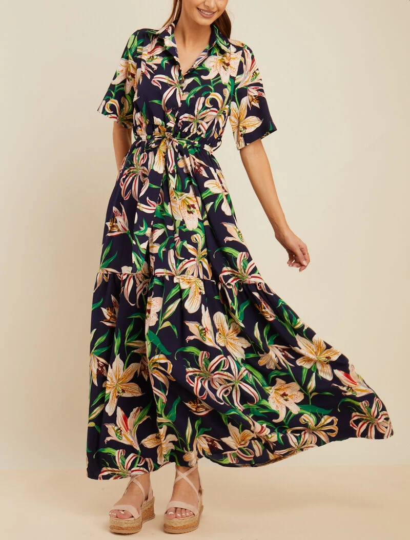 Robe longue imprimé fleurs de lys - marine
