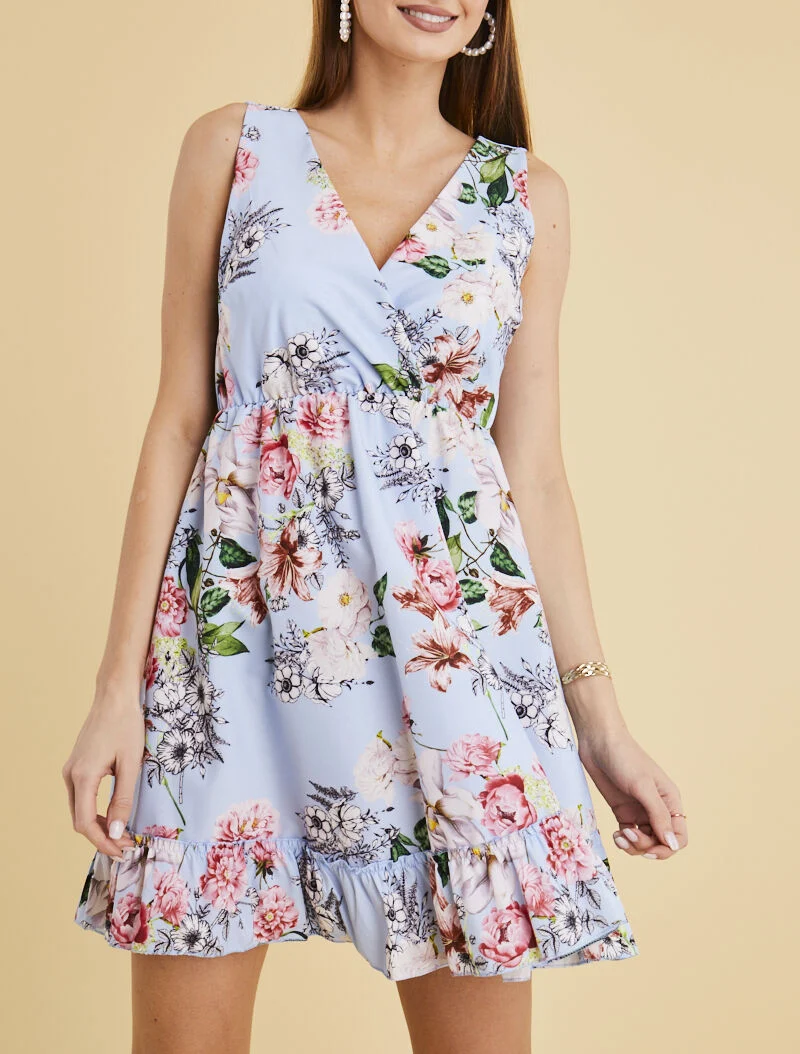 Robe cache coeur imprimée et volantée - bleu ciel