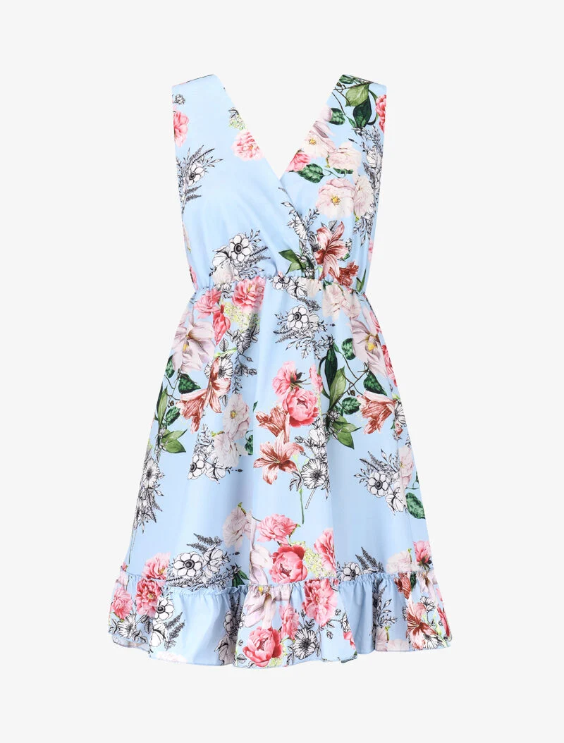 Robe cache coeur imprimée et volantée - bleu ciel