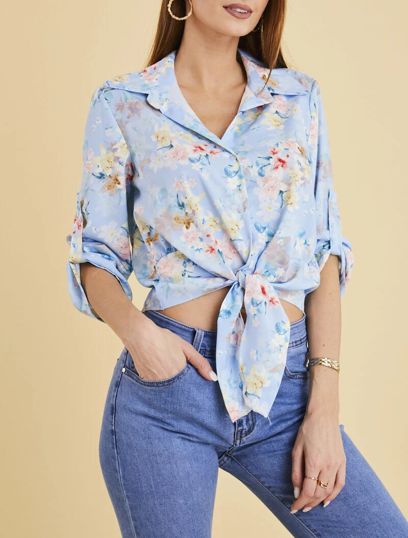Chemisier à nouer imprimé floral - bleu clair