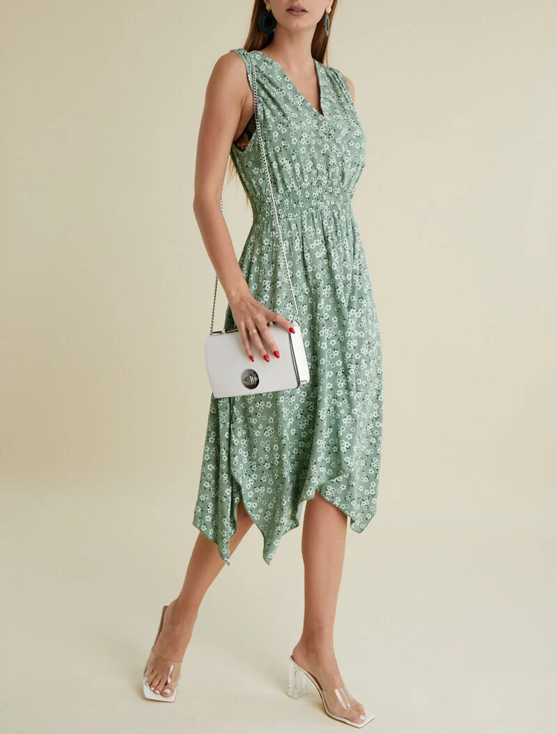Robe fleurie à bas asymétrique - kaki