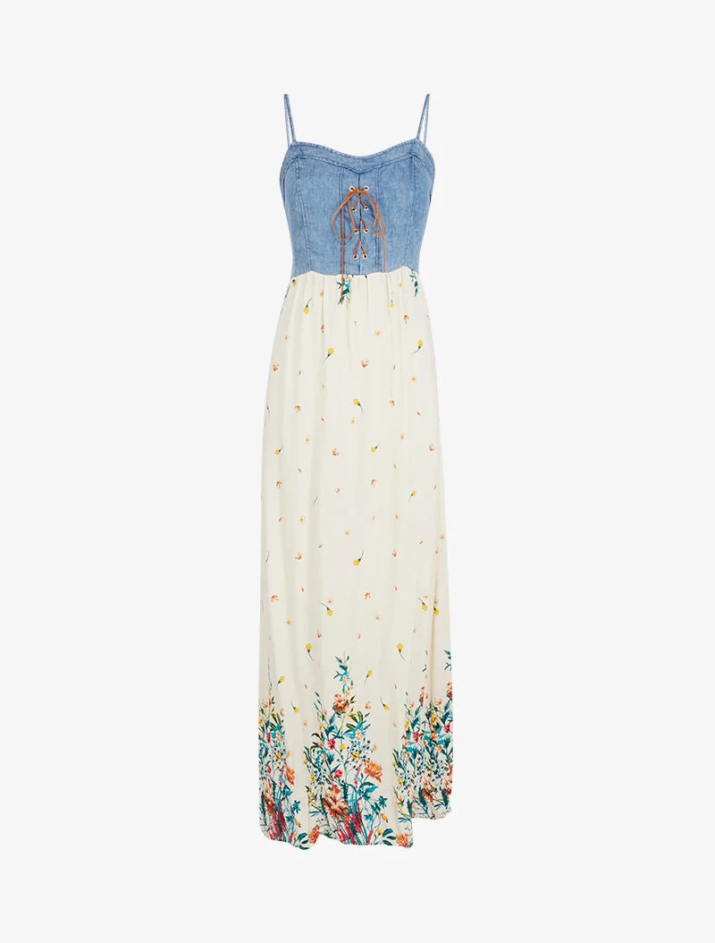 Robe à buste effet jean et imprimés - beige