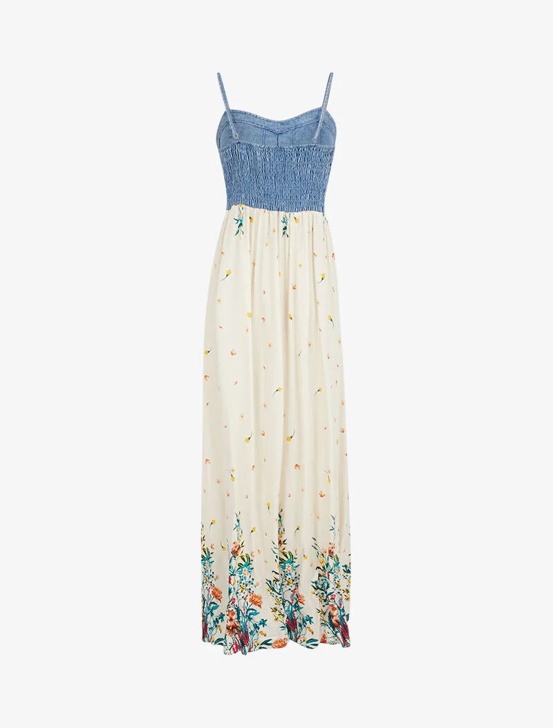 Robe à buste effet jean et imprimés - beige