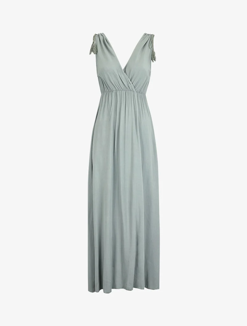 Robe longue à bretelles et pampilles - kaki