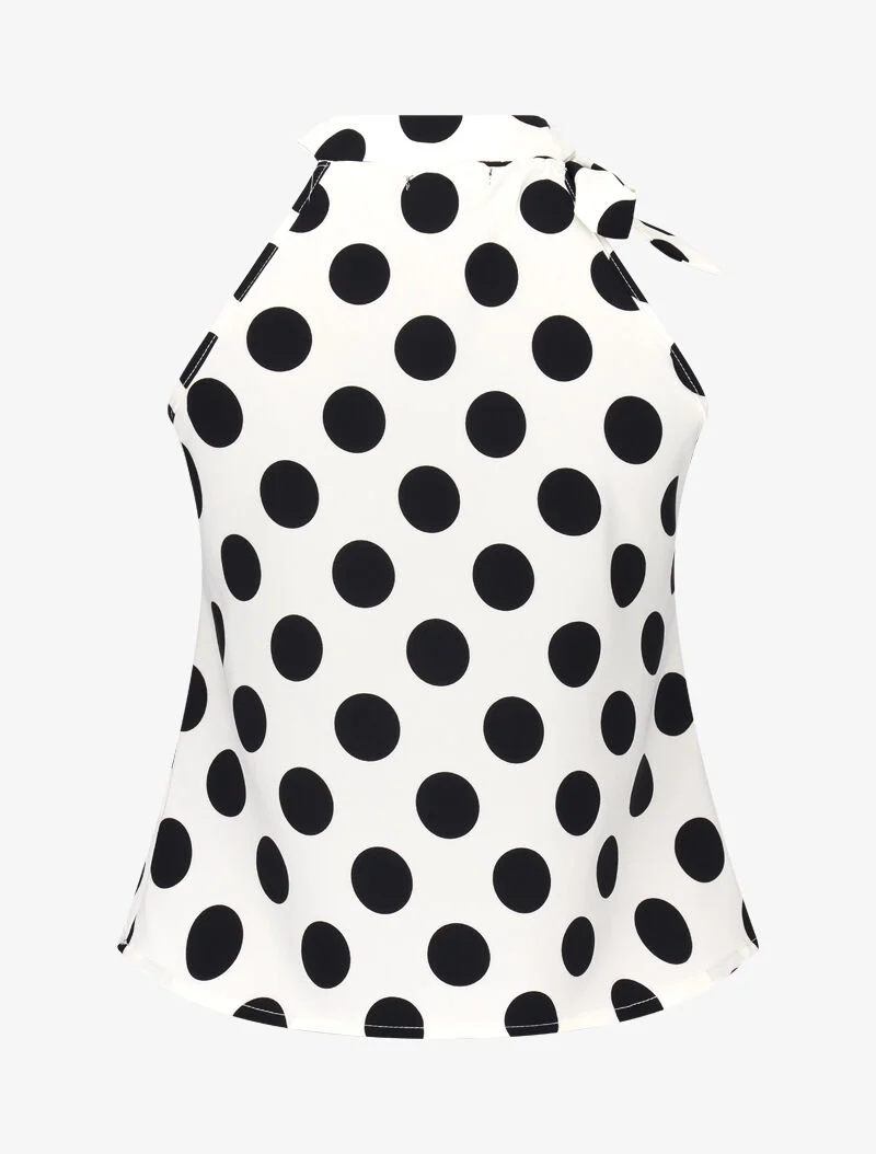 Top à pois avec col à nouer - blanc