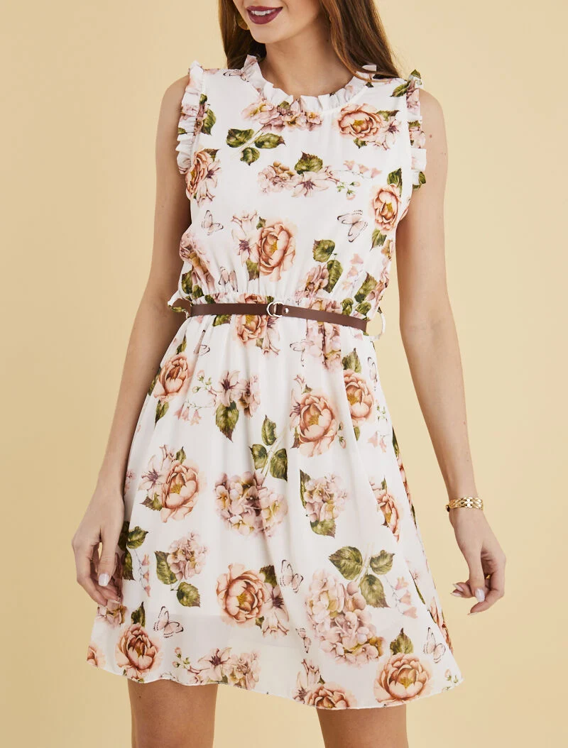 Robe imprimé fleurs à col et manches volantées - blanc