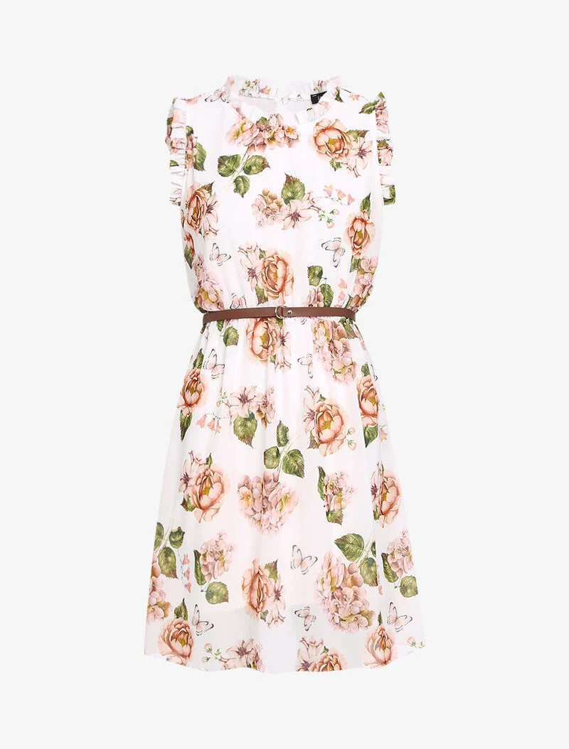 Robe imprimé fleurs à col et manches volantées - blanc