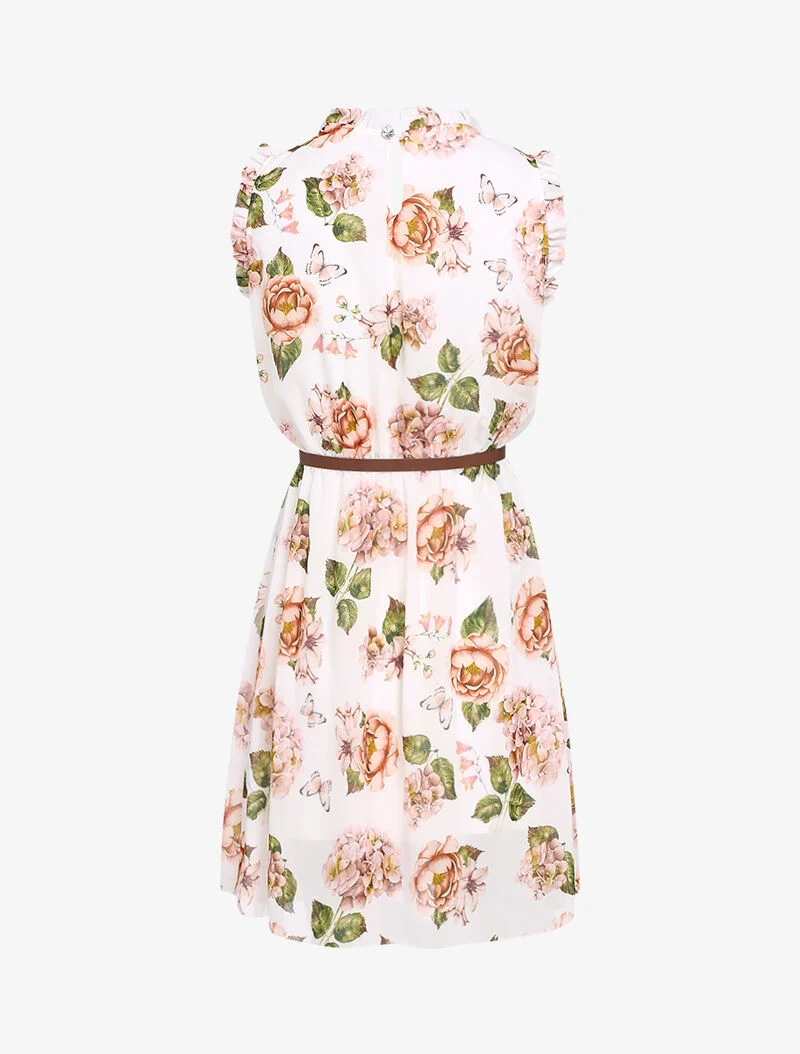 Robe imprimé fleurs à col et manches volantées - blanc