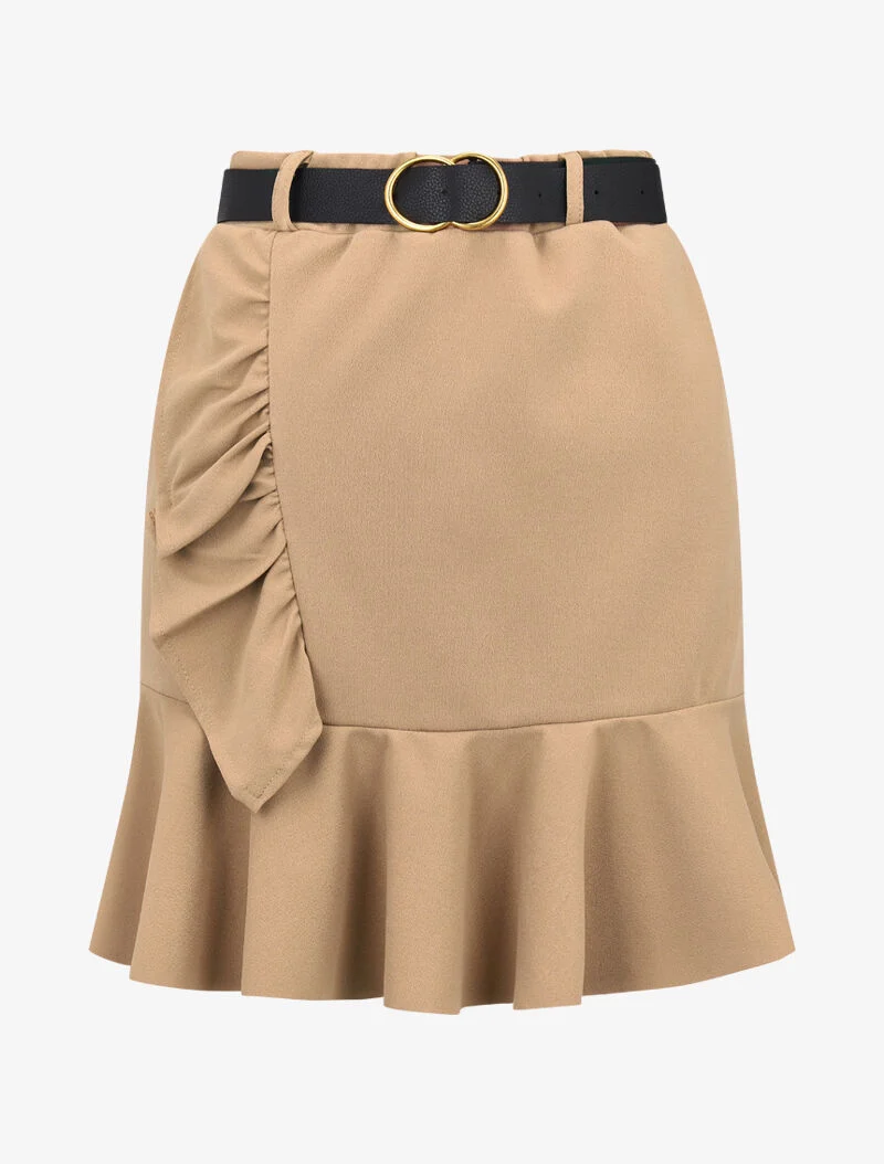 Jupe volantée avec ceinture simili - camel
