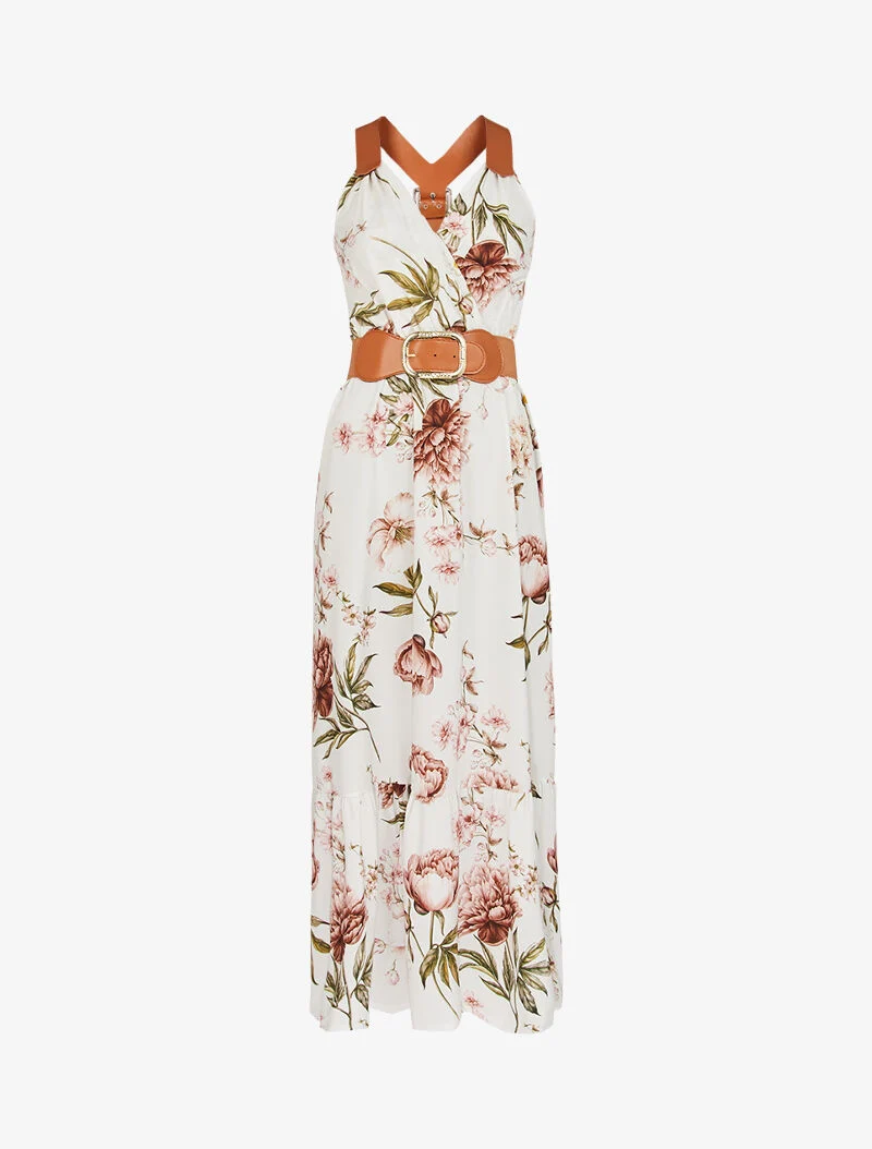 Robe à imprimés et bretelles simili - ecru