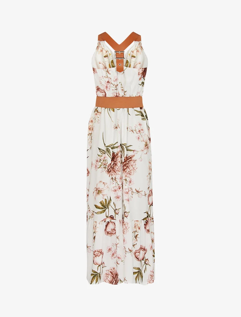Robe à imprimés et bretelles simili - ecru
