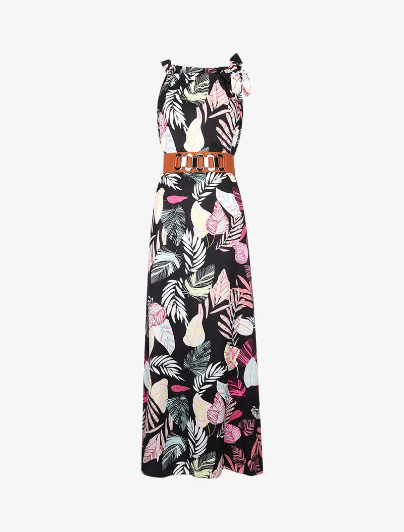 Robe longue satinée à imprimé tropical - noir