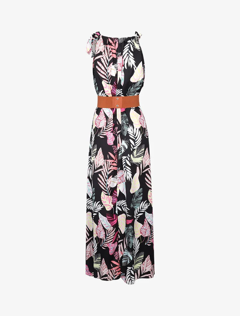 Robe longue satinée à imprimé tropical - noir