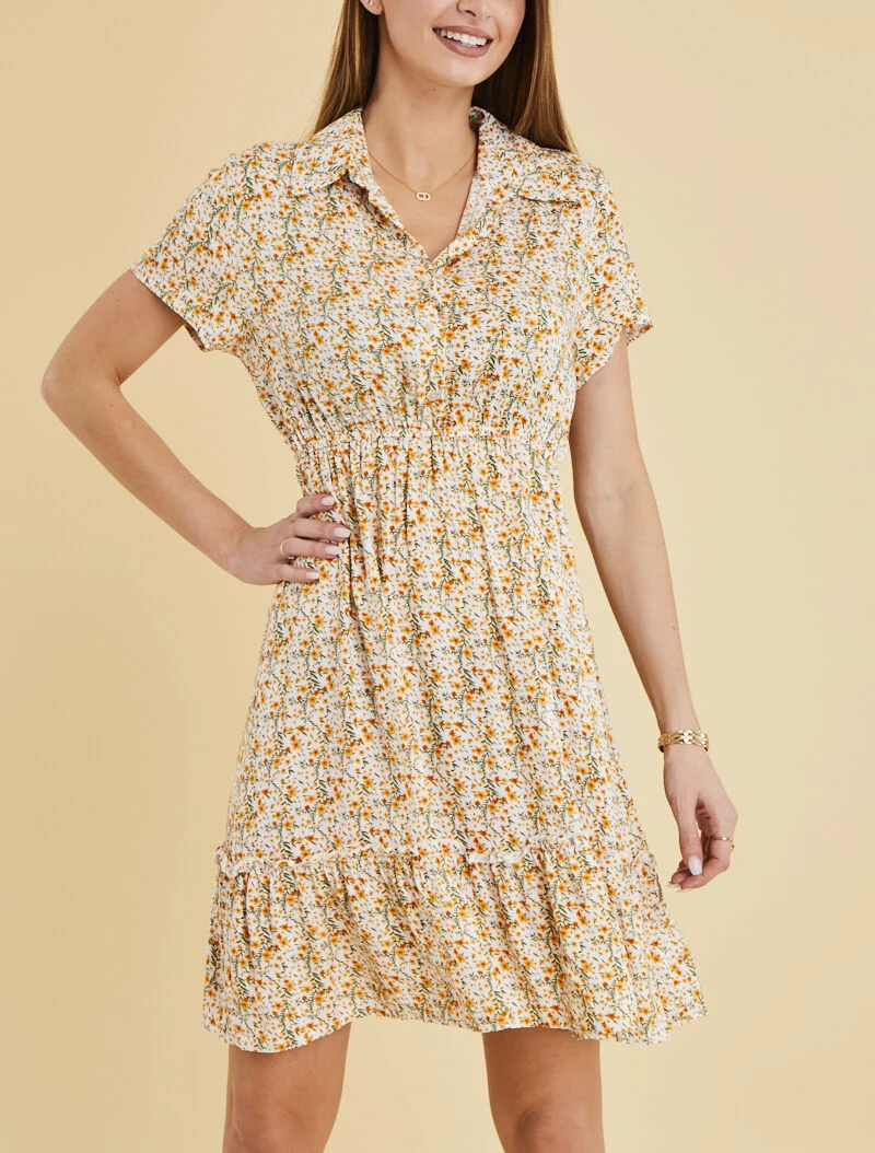 Robe printanière à col à pied et buste boutonné - ecru