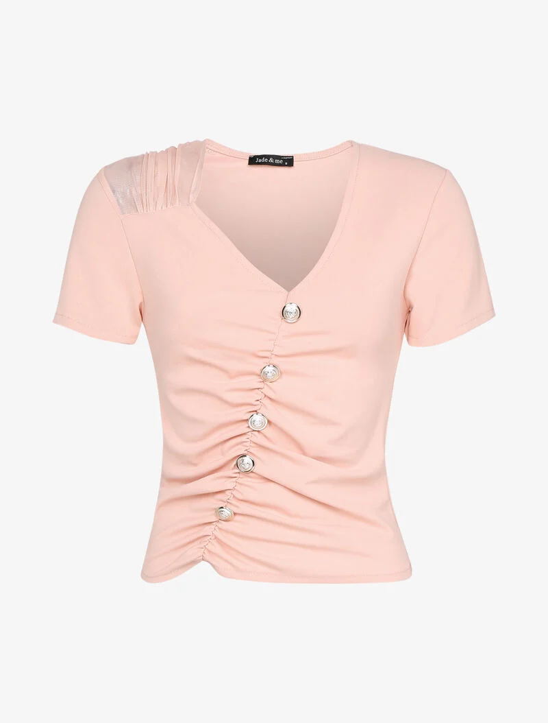 Top à épaule ajourée et boutonnière - rose