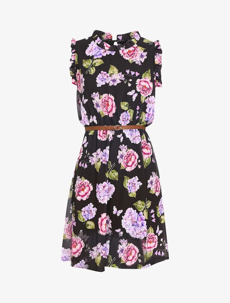 Robe imprimé fleurs à col et manches volantées - noir