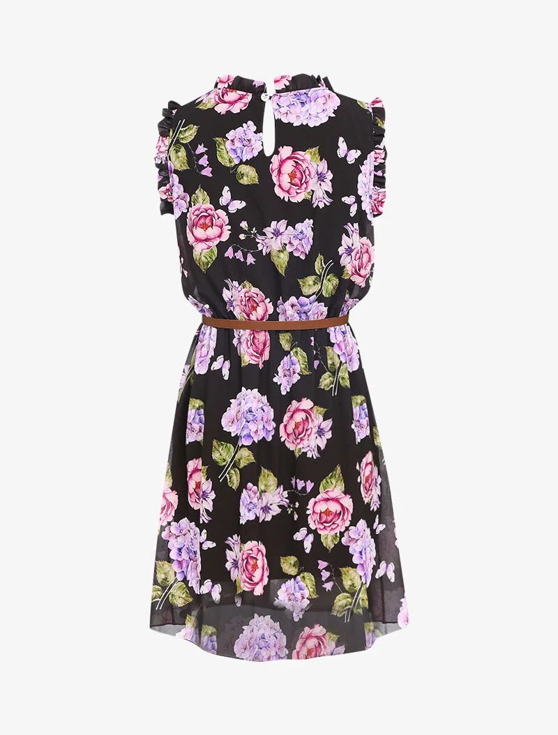 Robe imprimé fleurs à col et manches volantées - noir