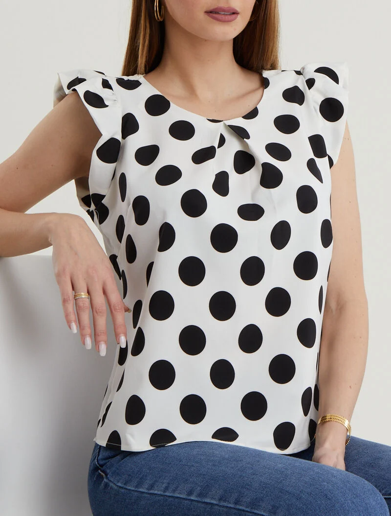 Blouse à pois à mancherons volantés - blanc