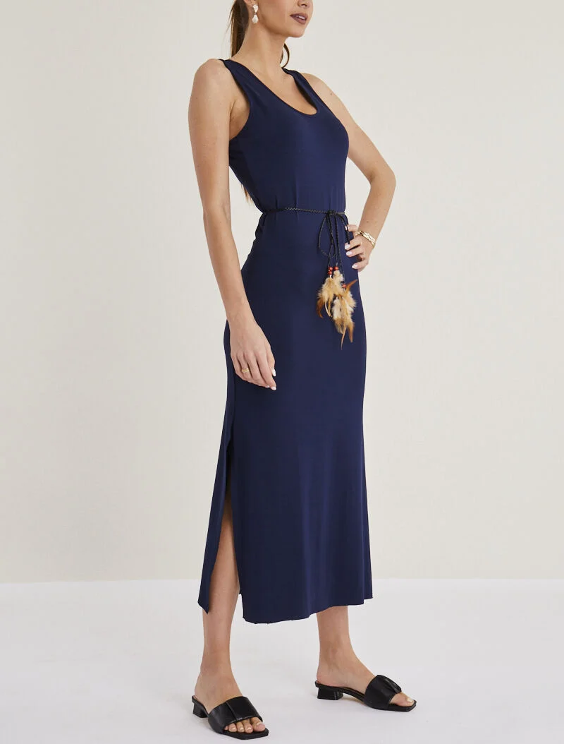 Robe débardeur longue à côtés ouverts - marine