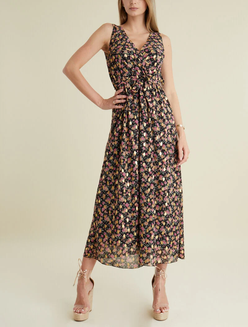 Robe longue à imprimés et flocages dorés - noir