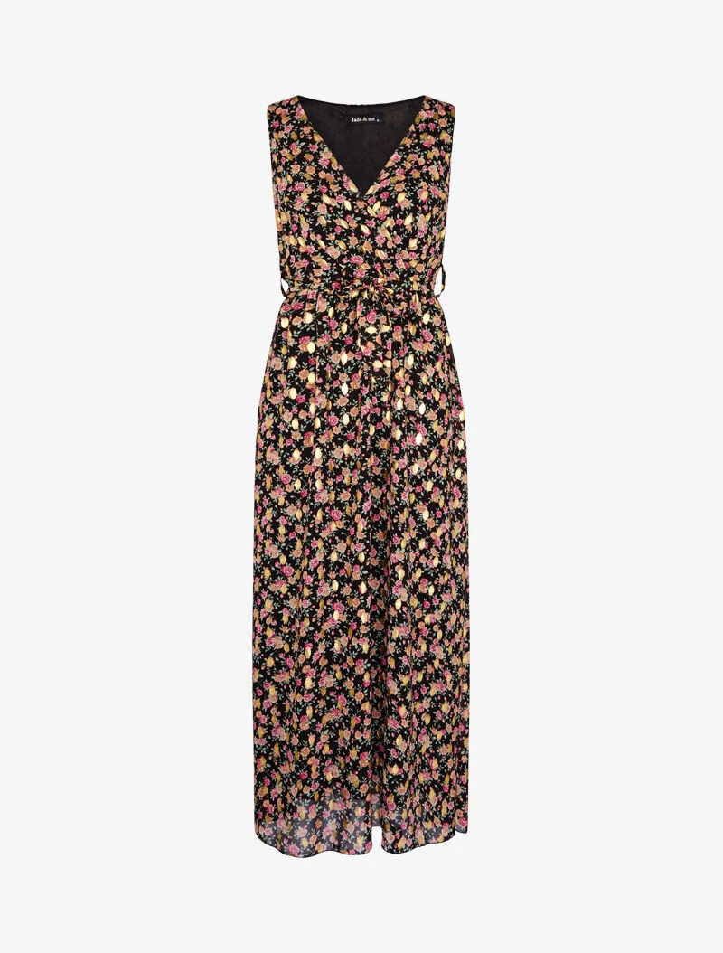 Robe longue à imprimés et flocages dorés - noir