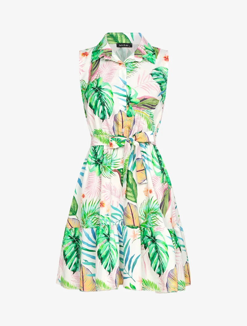 Robe à col chemise et imprimé tropical - ecru