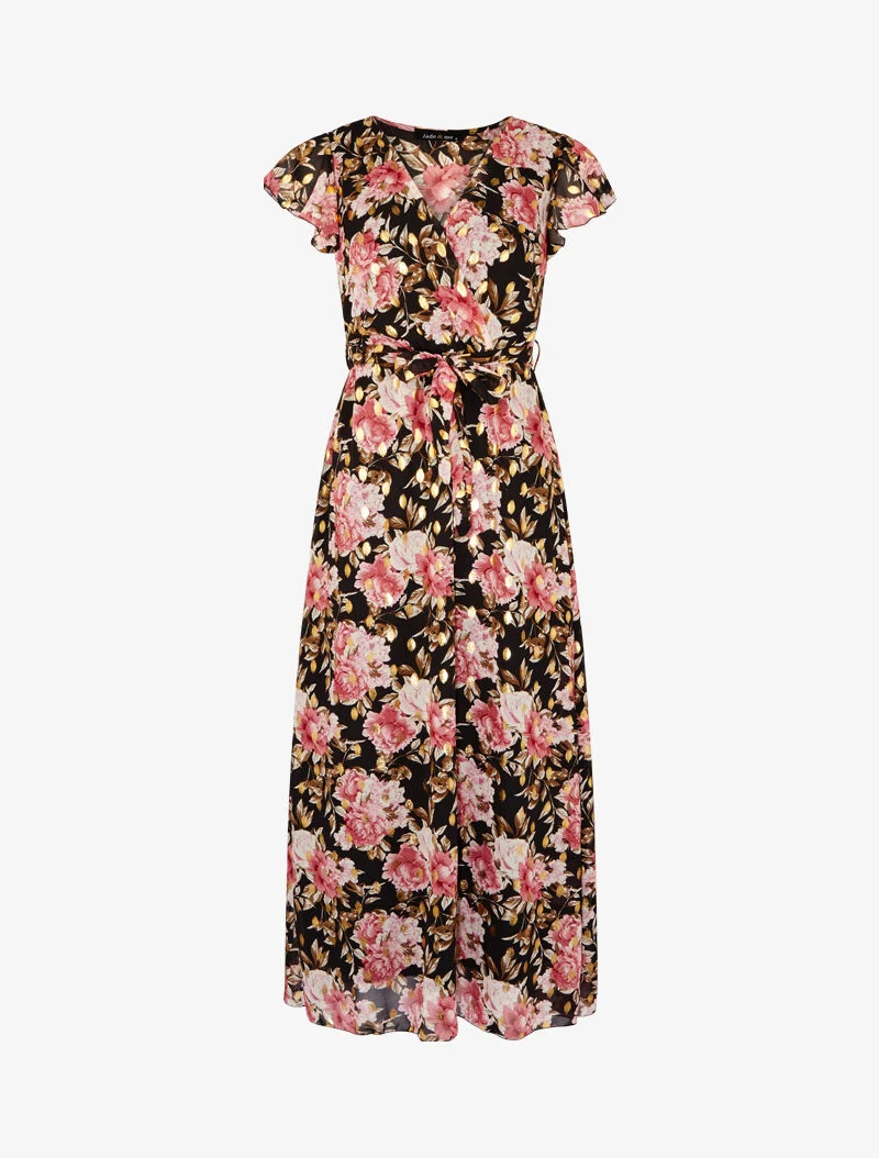 Robe imprimée à mancherons ajourés - noir